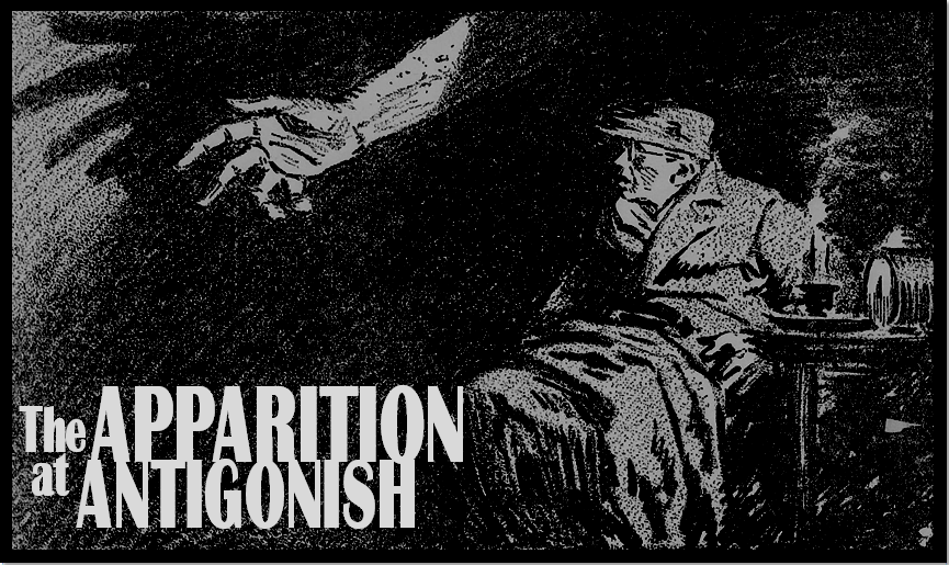 A poster for The Apparition at Antigonish. An old man in a coat observes a hand reaching out through the shadows