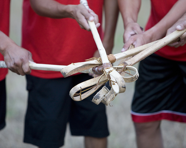 Stickball sticks being held by players