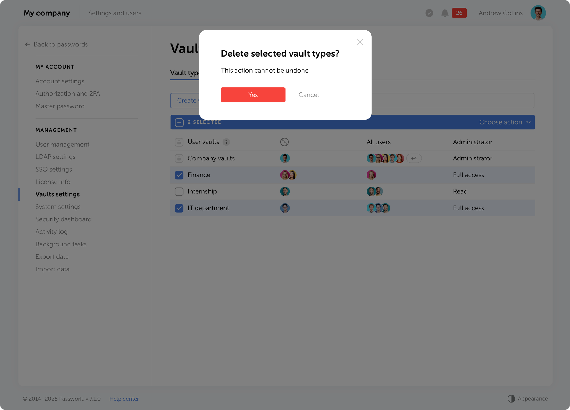 Deleting vault types