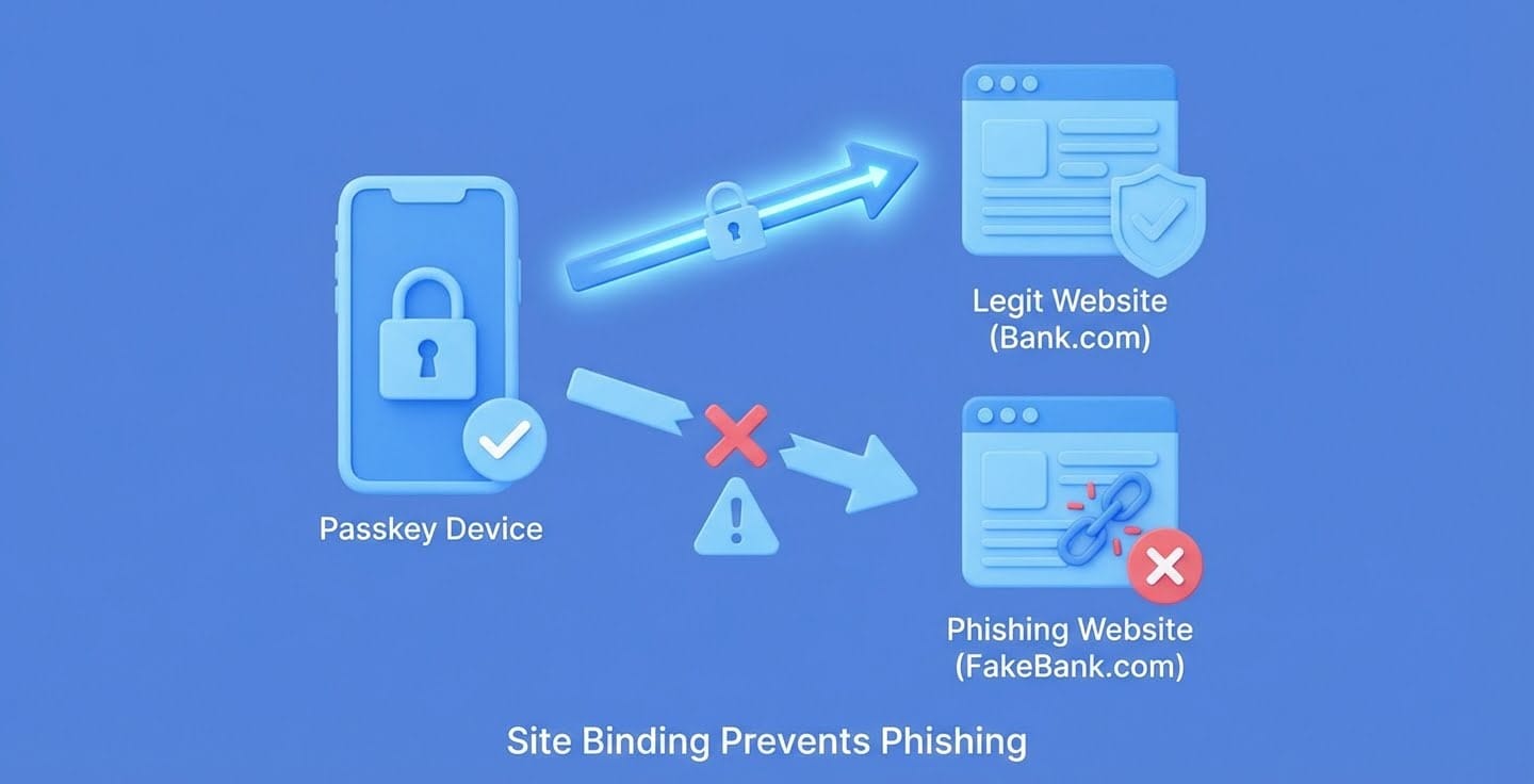 Website-Bindung zur Phishing-Prävention: Passkey-Gerät verbindet sich sicher mit einer legitimen Website (Bank.com), wird aber von einer Phishing-Website (FakeBank.com) blockiert.