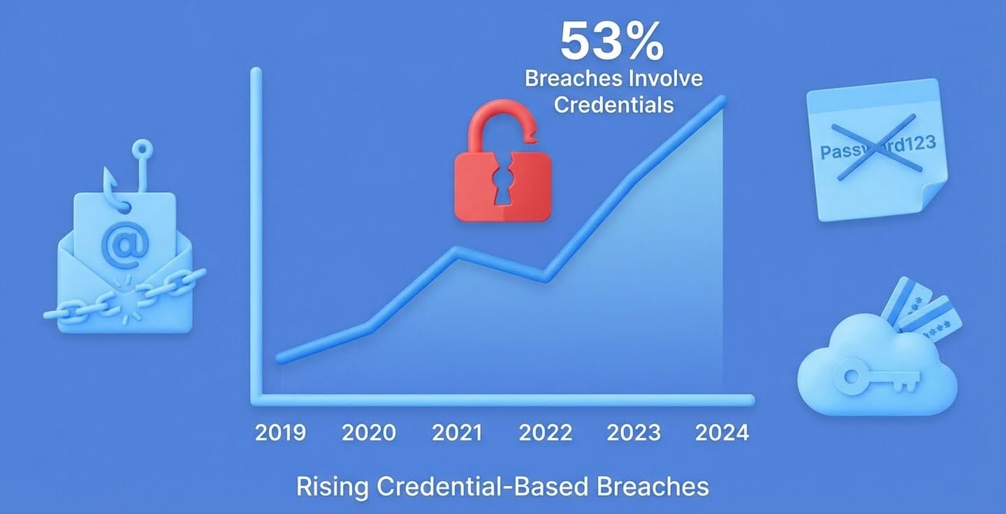 Grafik, die den Anstieg von Credential-basierten Sicherheitsverletzungen von 2019 bis 2024 zeigt, mit einem Anstieg von 53 %. Symbole umfassen eine Phishing-E-Mail, ein Schloss und Beispiele für schwache Passwörter.