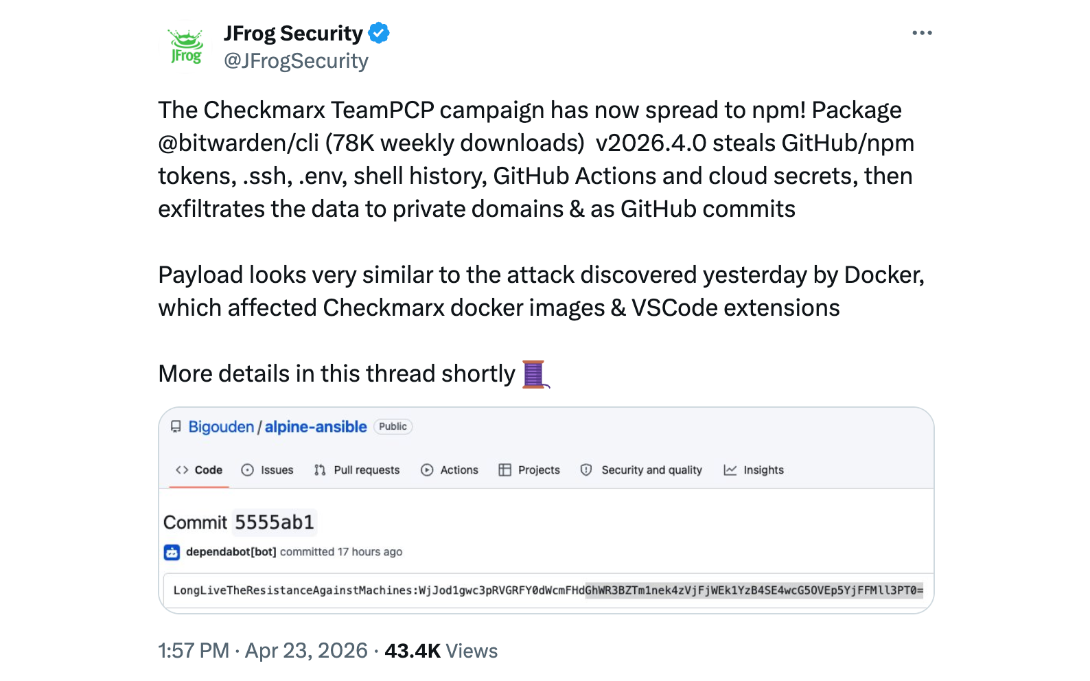 The Bitwarden CLI supply chain attack, confirmed by JFrog and Socket on April 23, 2026