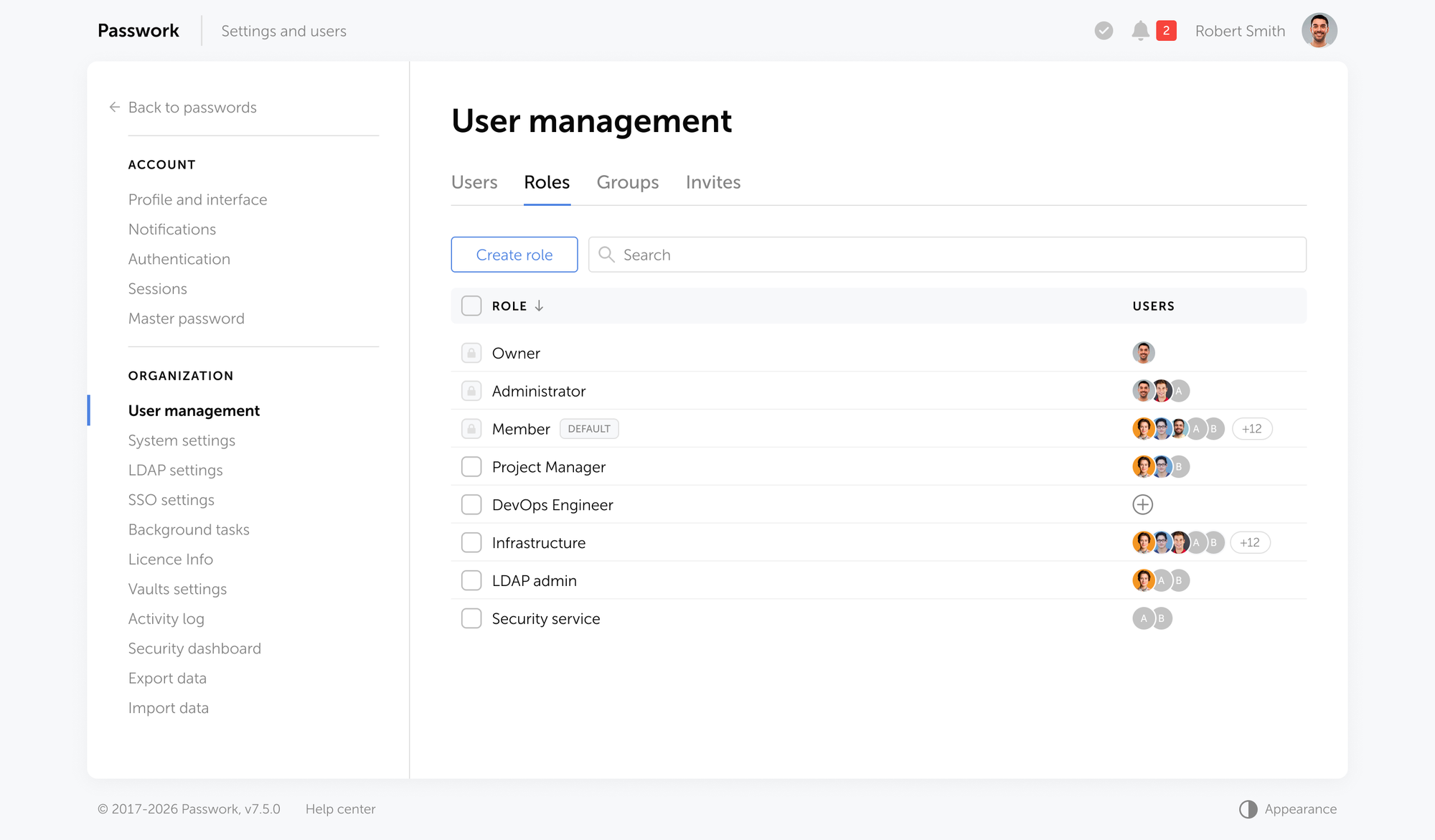 Passwork's role-based access control (RBAC) allows administrators to assign permissions at the individual user or group level