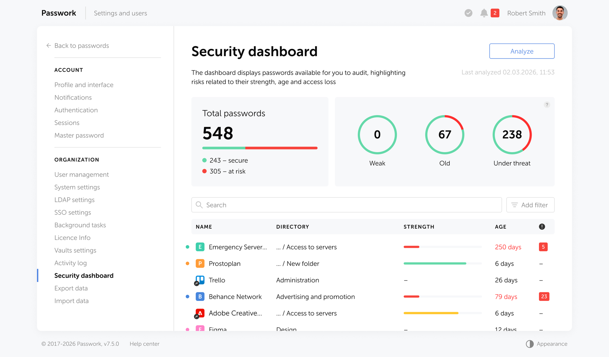 Passwork's security dashboard automatically flags weak, reused, outdated, and compromised credentials across the entire vault. 