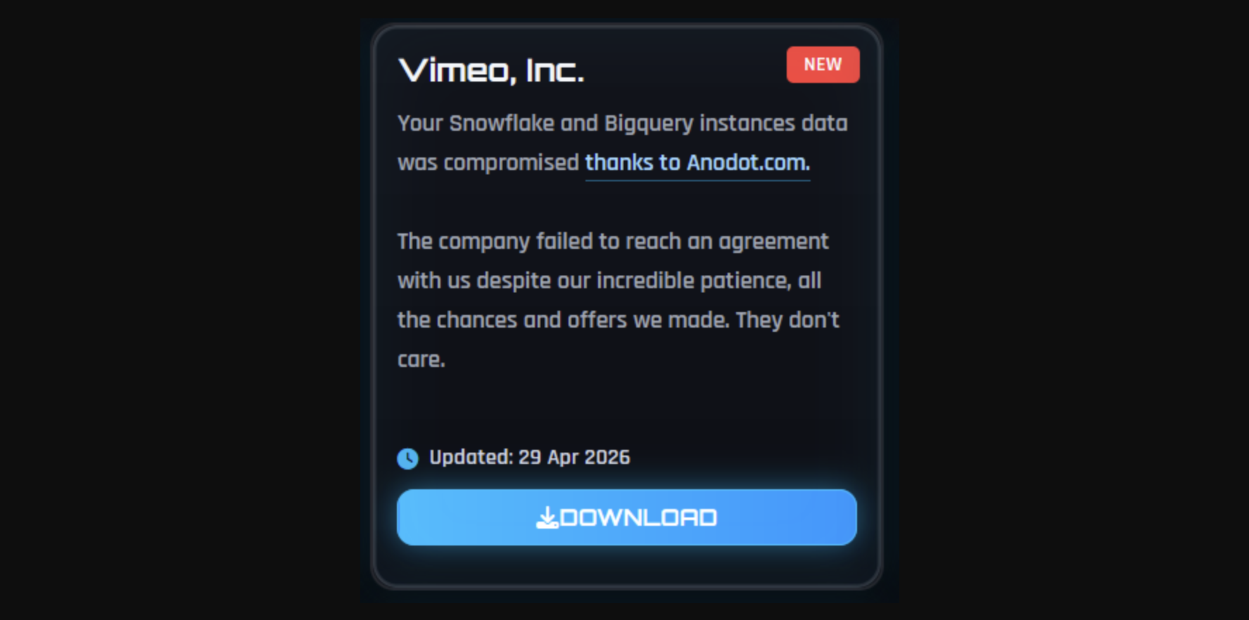 ShinyHunters published hundreds of gigabytes of Vimeo data