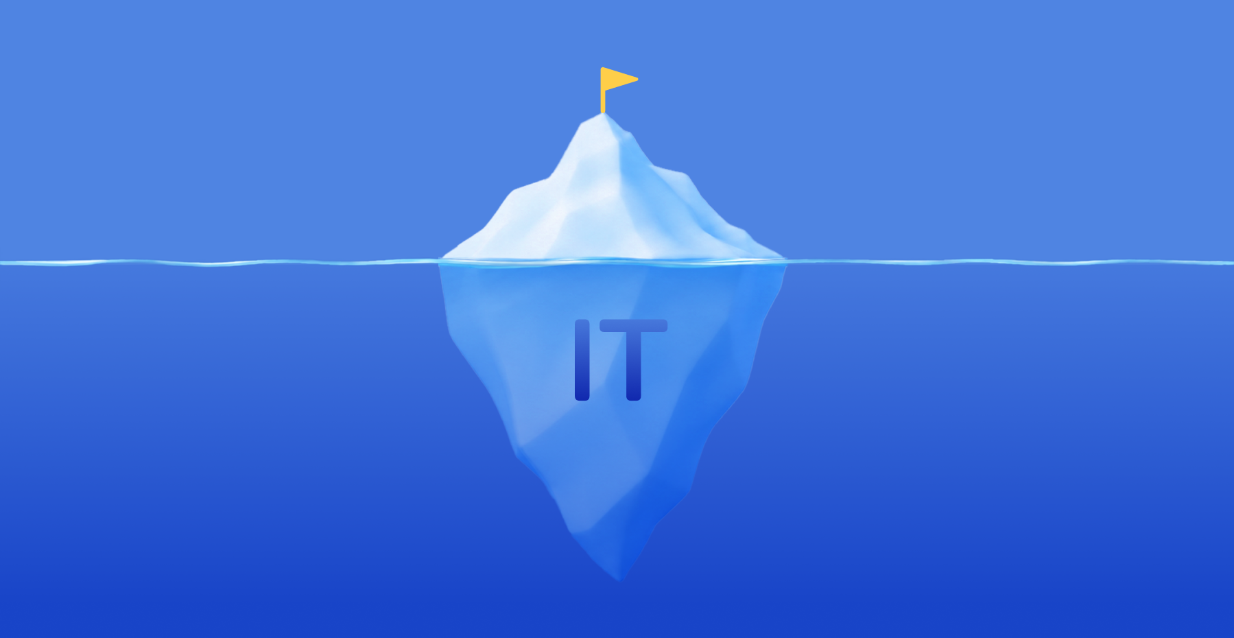 Iceberg illustration showing the hidden scale of shadow IT in organizations, with the visible tip above water and a large submerged section labeled "IT"