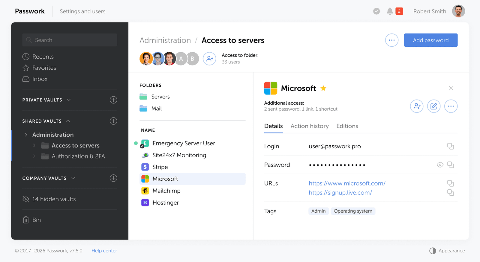 Enterprise password management for shared vault control
