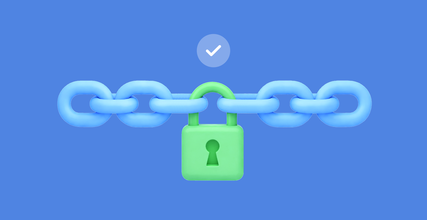 **Alt text:** `A blue chain with a green padlock securing the central link, and a checkmark icon above it, illustrating the concept of supply chain security.`