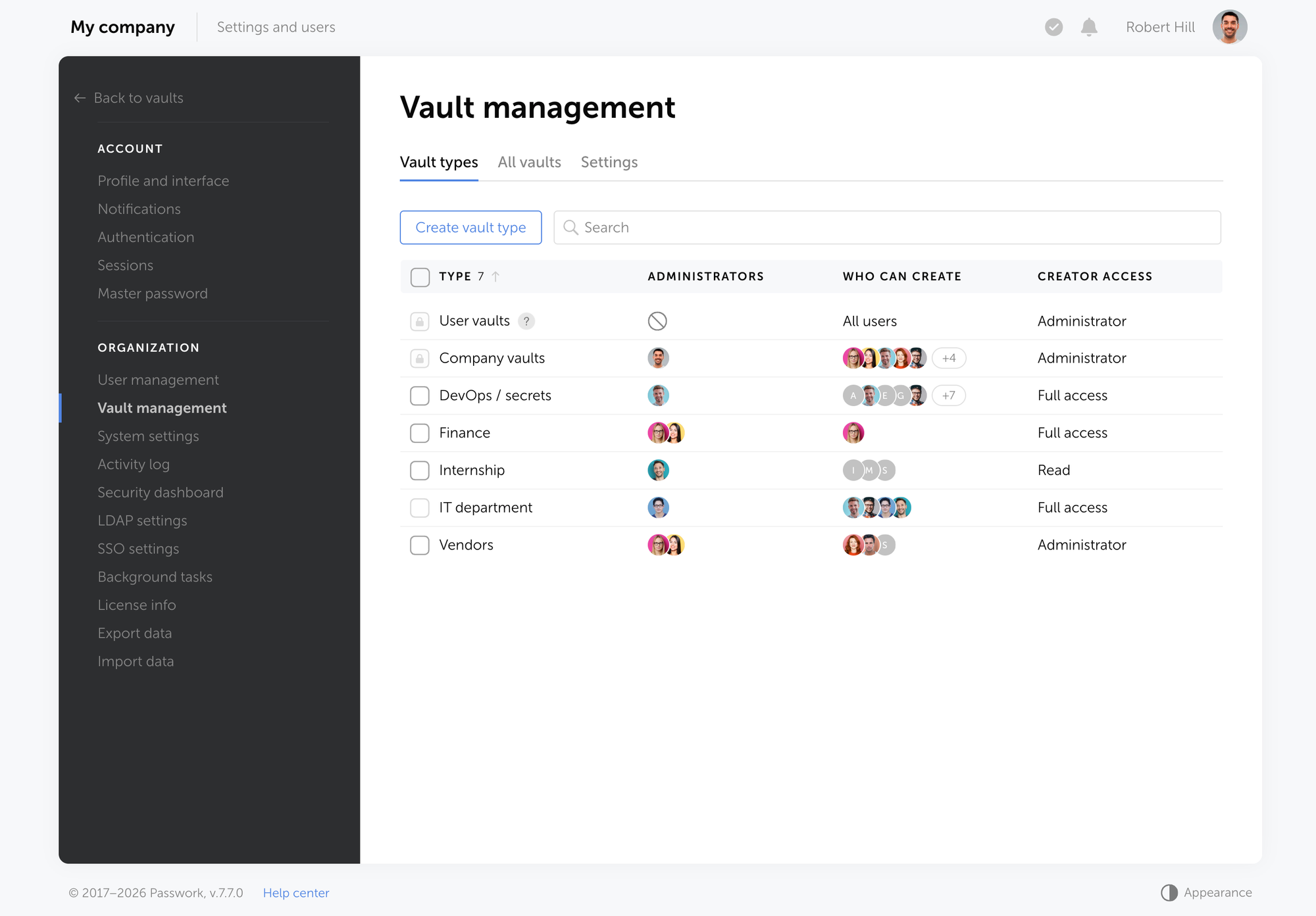 Passwork vault policies settings screen showing Vault Types configuration for corporate admin assignment