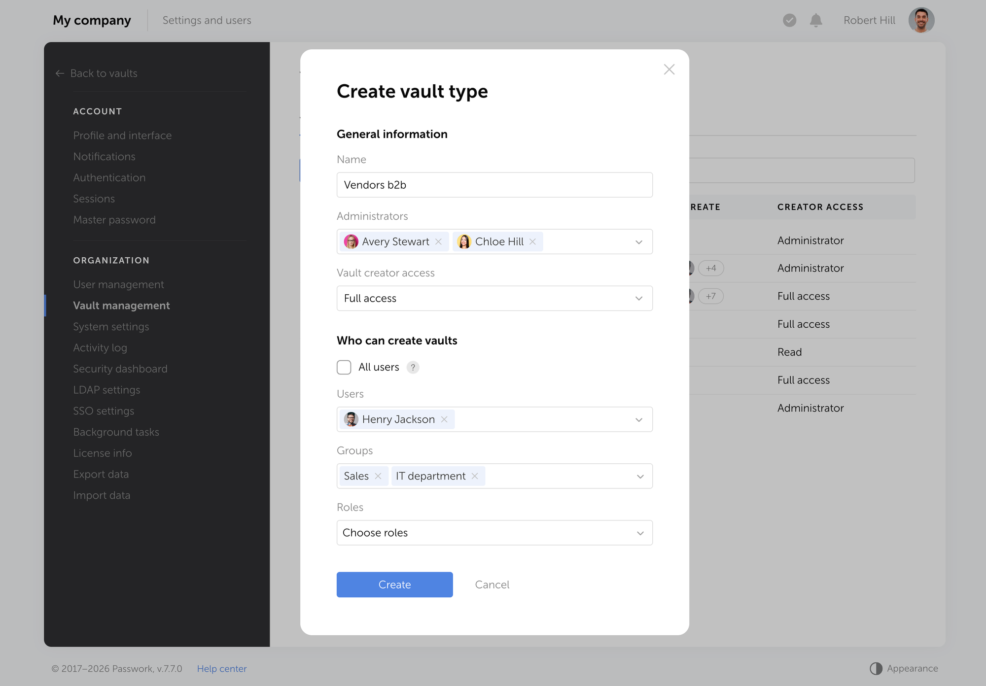 Example of creating a vault policy in Passwork, defining administrators and creator permissions