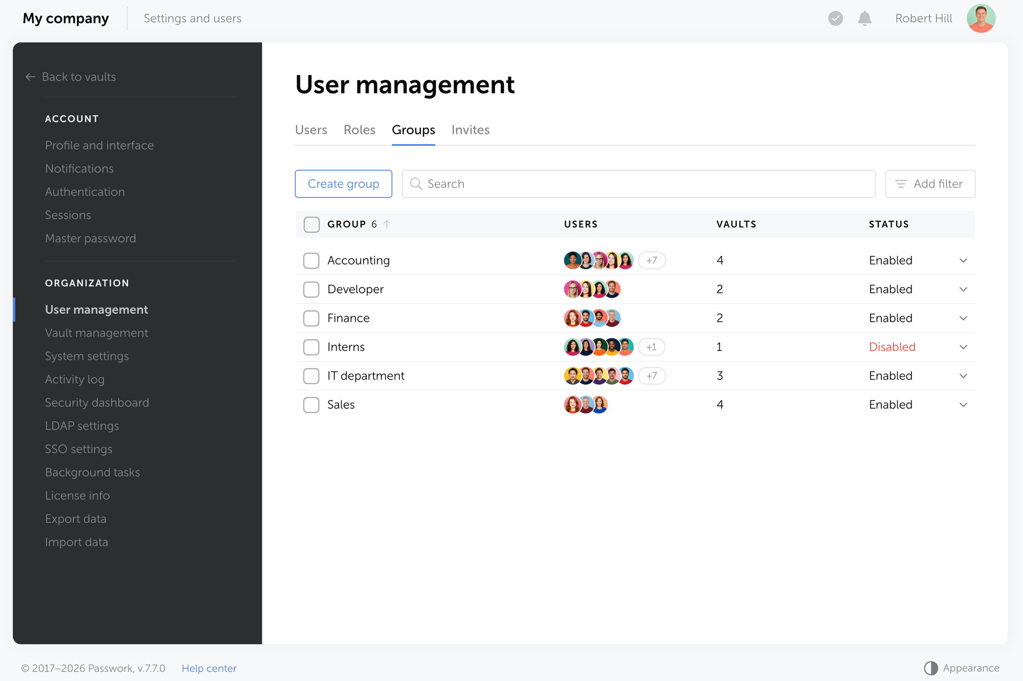 Groups in Passwork let admins manage vault access for entire teams at once