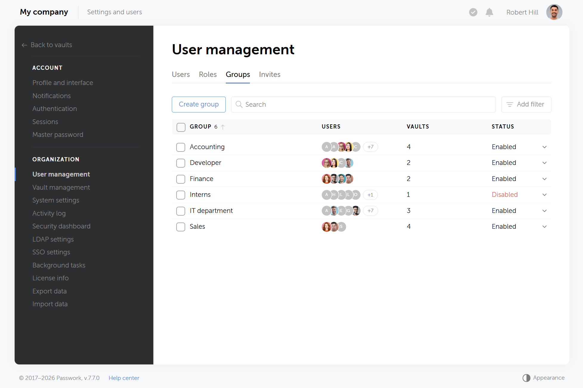 Example of user groups in Passwork