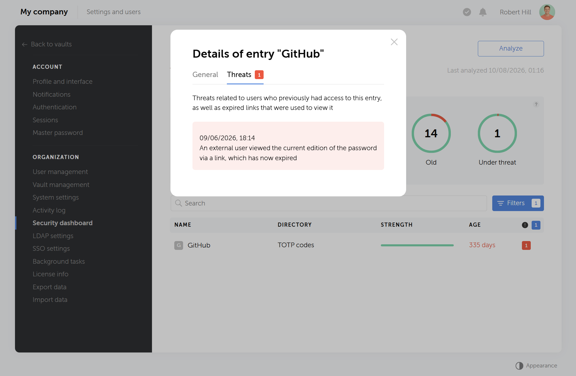 Passwork security dashboard showing password strength, age, and threat details for a flagged credential
