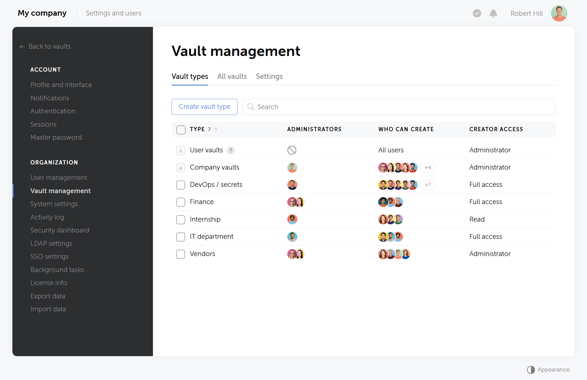 Vault management in Passwork