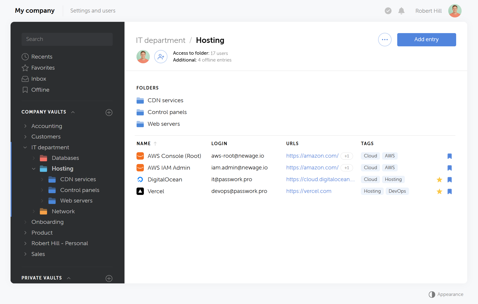 Company vaults and nested folders in Passwork