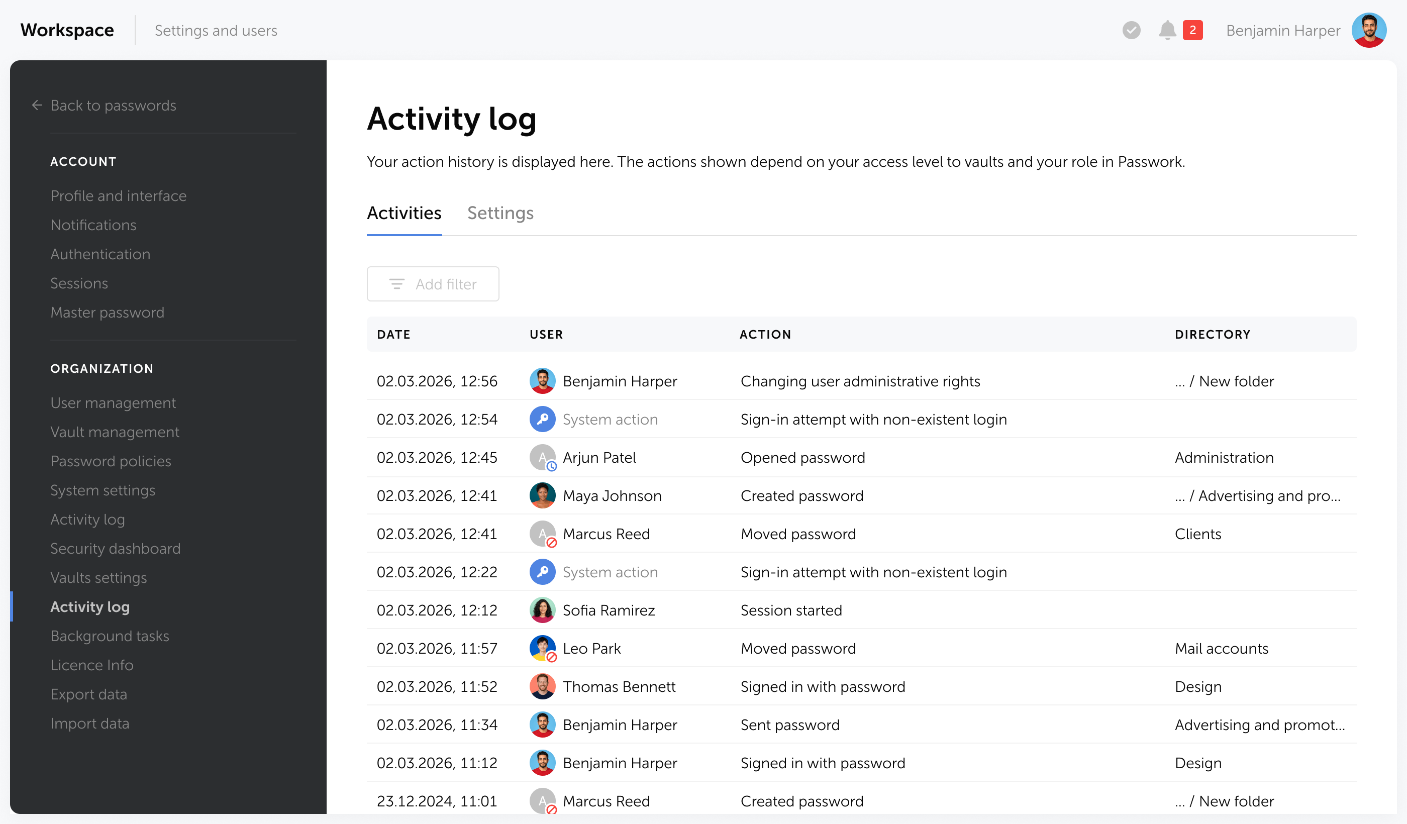 Activity log in Passwork