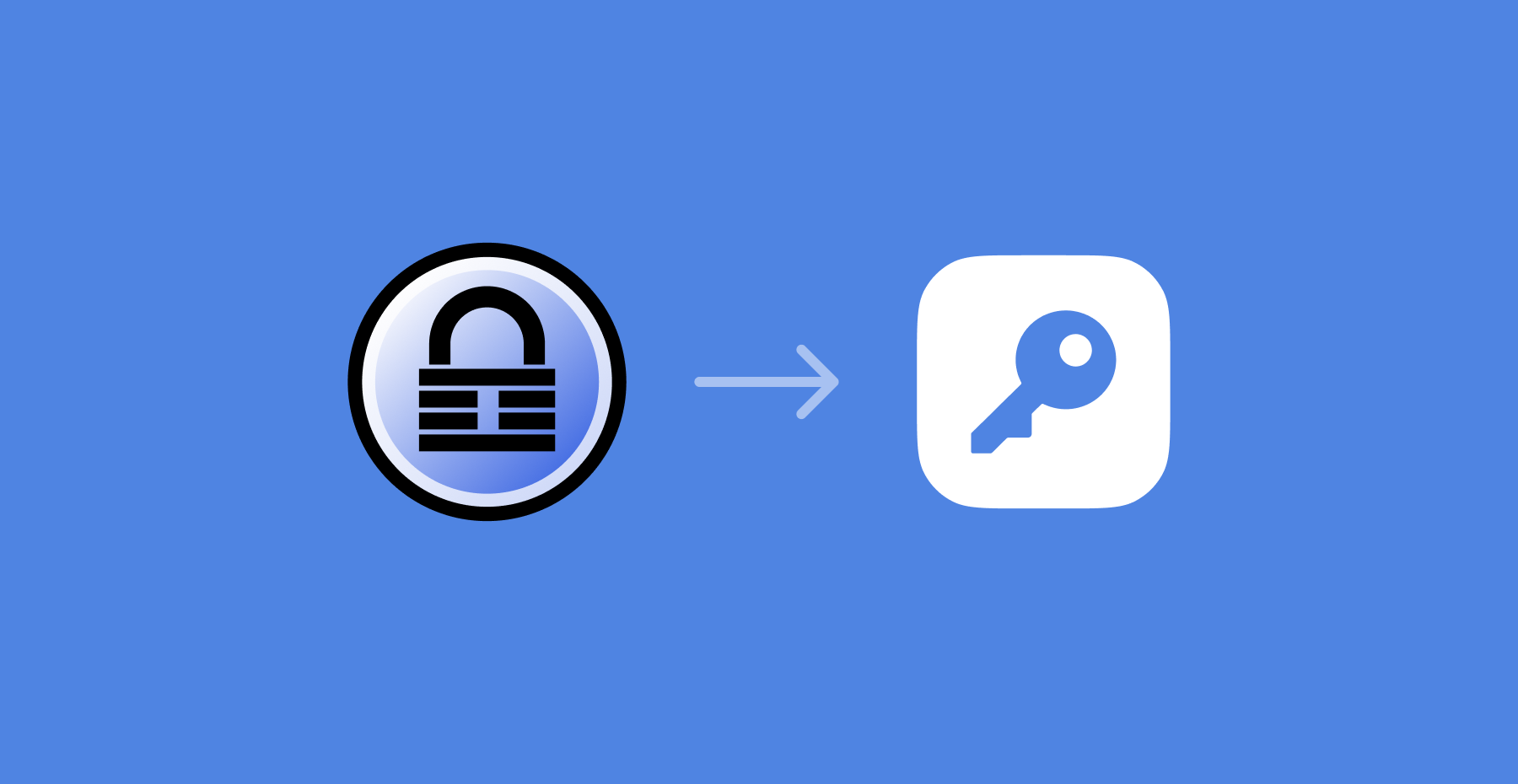 Das schwarze Vorhängeschloss-Logo von KeePass in einem blauen Kreis, mit einem nach rechts weisenden Pfeil zum blauen Schlüssel-Logo von Passwork in einem weißen abgerundeten Quadrat, zur Veranschaulichung der Migration von KeePass zu Passwork vor blauem Hintergrund.