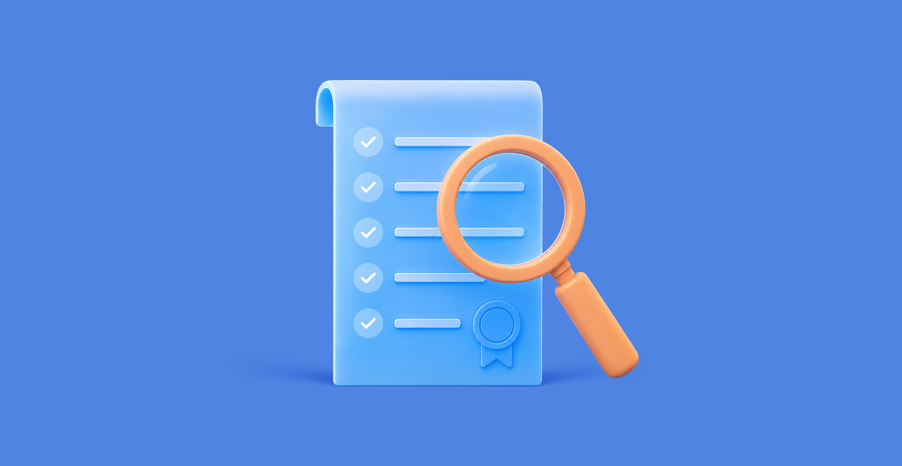 Orange magnifying glass over a blue checklist scroll with five checkmarks and a ribbon seal, illustrating a compliance review on a blue background.
