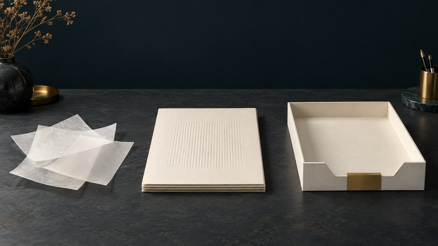 Loose translucent paper, an aligned ivory folio, and a brass-tab review tray on an ink-colored tabletop: suggestion, record, and decision.