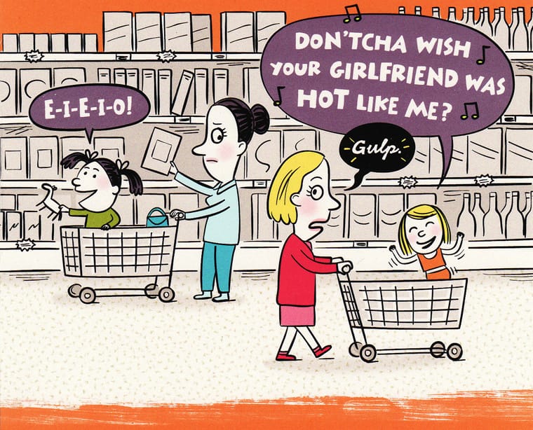 Hallmark card of mothers in shopping in grocery store with singing daughters
