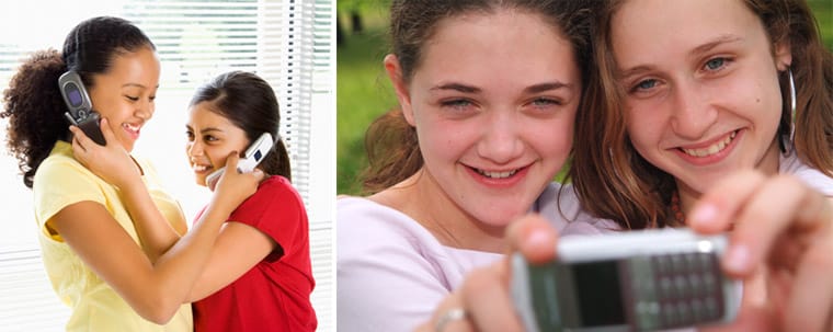 Girls using cell mobile phones to talk and take pictures