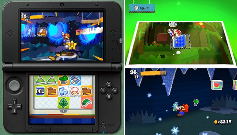 Paper Mario Sticker Star RPG game for Nintendo 3DS with Super Mario characters Screenshot of Battle and Paperize Paper Mario Sticker Star RPG game for Nintendo 3DS with Super Mario characters Screenshot of Battle and Paperize