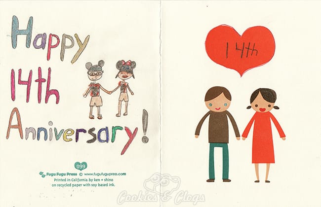 Our 14th Wedding Anniversary card from our daughter, Muchkin