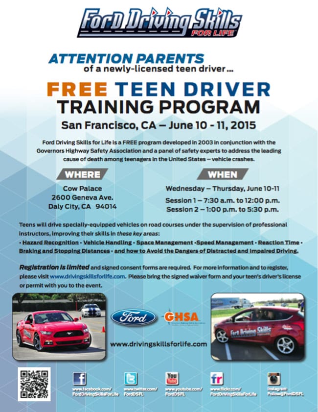 Cars | Driving | Take advantage of the FREE Ford Driving Skills for Life program coming to the San Francisco Bay Area. Let your teen drivers learn advanced skills to prevent crashes and teen deaths. Happening on June 10 and 11, 2015.