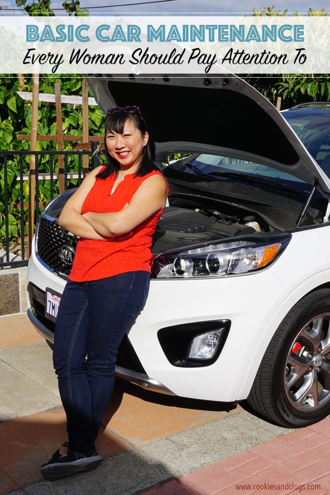 Cars | Road Safety | These five basic car maintenance guidelines are important for every woman / female driver. See how these will make your car last longer, run smoother, you'll save money, and it will help keep you and your family safer. Asian woman with open hood of car changing headlight bulbs.