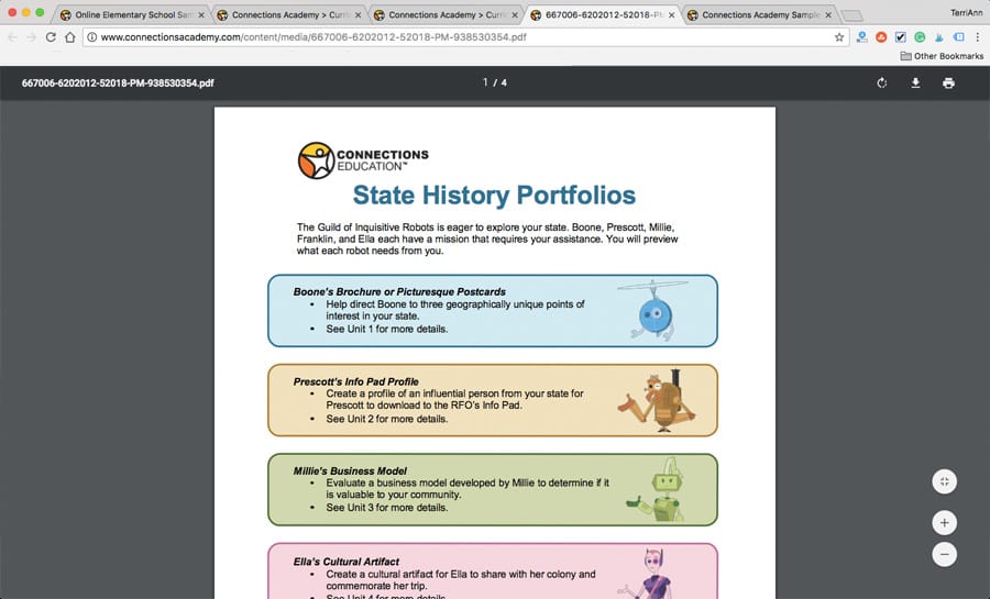 Connections Academy of California virtual school sample page