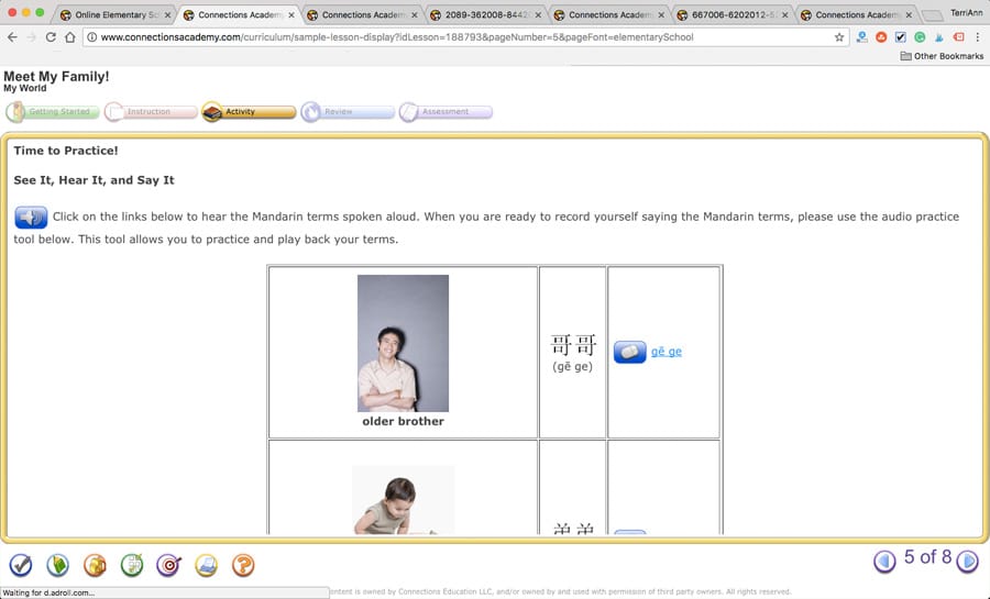 Connections Academy of California virtual school sample page
