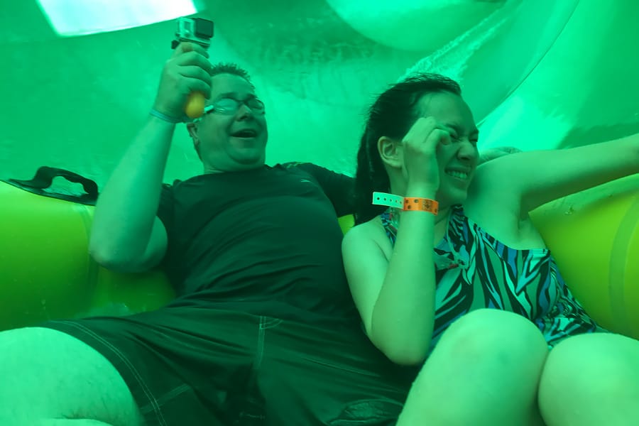 Cookies & Clogs | Great Wolf Lodge in Garden Grove, CA indoor water park review with information on activities, dining, lodging, shopping, and more. Inside a water slide