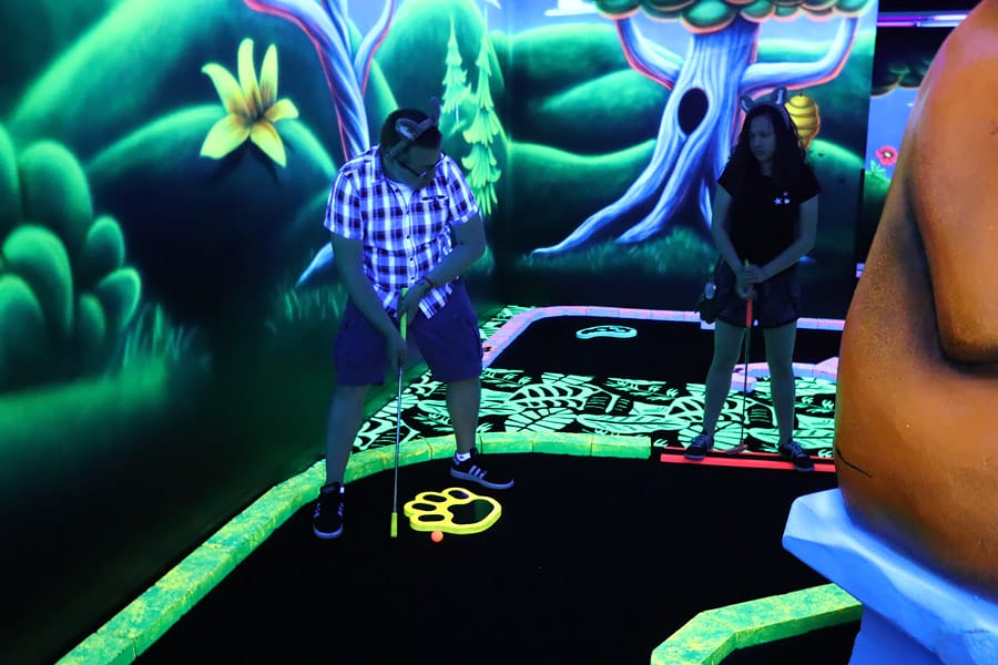 Cookies & Clogs | Great Wolf Lodge in Garden Grove, CA indoor water park review with information on activities, dining, lodging, shopping, and more. Howlin' at the Moon Glow mini golf
