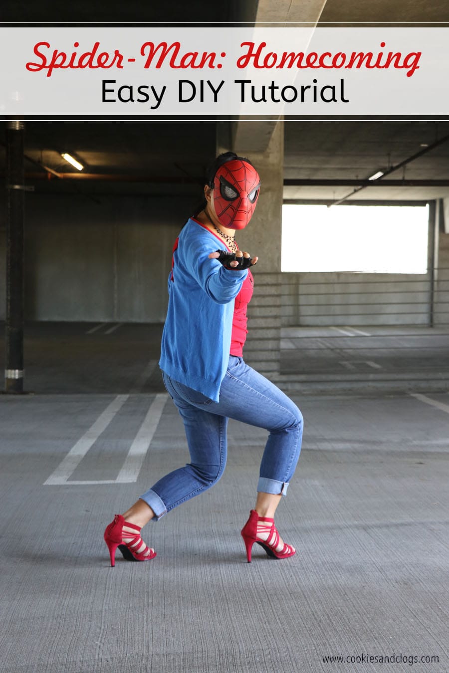 Cookies & Clogs | Inexpensive and easy Spider-Man DIY outfit tutorial plus printable spider logo template in honor of Spider-Man: Homecoming and Goodwill.