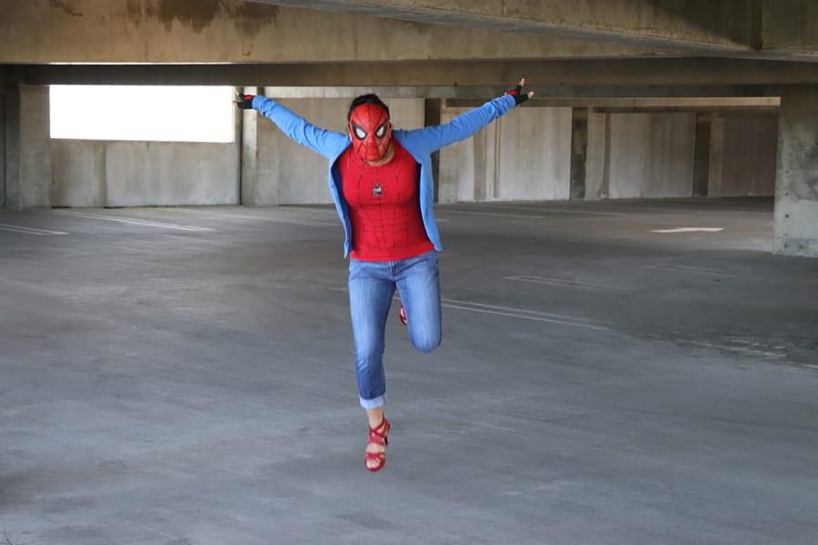 Cookies & Clogs | Inexpensive and easy Spider-Man DIY outfit tutorial plus printable spider logo template in honor of Spider-Man: Homecoming and Goodwill.