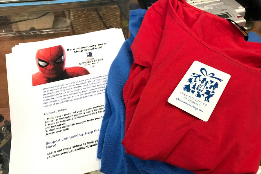 Cookies & Clogs | Inexpensive and easy Spider-Man DIY outfit tutorial plus printable spider logo template in honor of Spider-Man: Homecoming and Goodwill.
