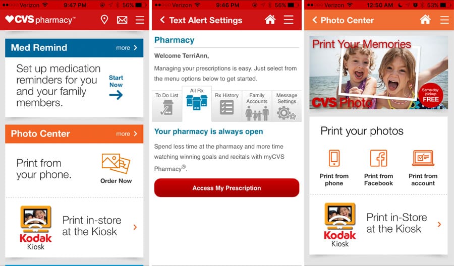 CVS Pharmacy App text notifications and same-day photo prints while on the go.