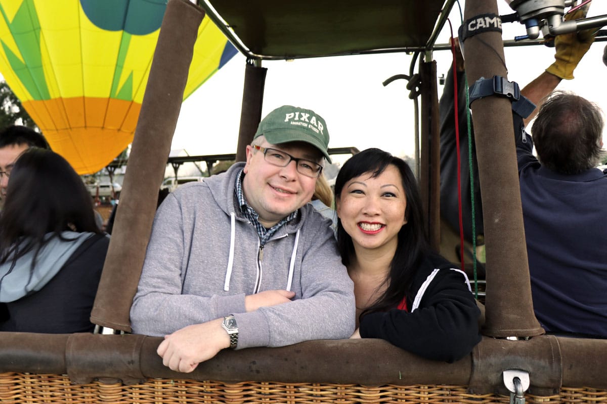 Hot air balloon ride over Napa Valley California, Biracial couple