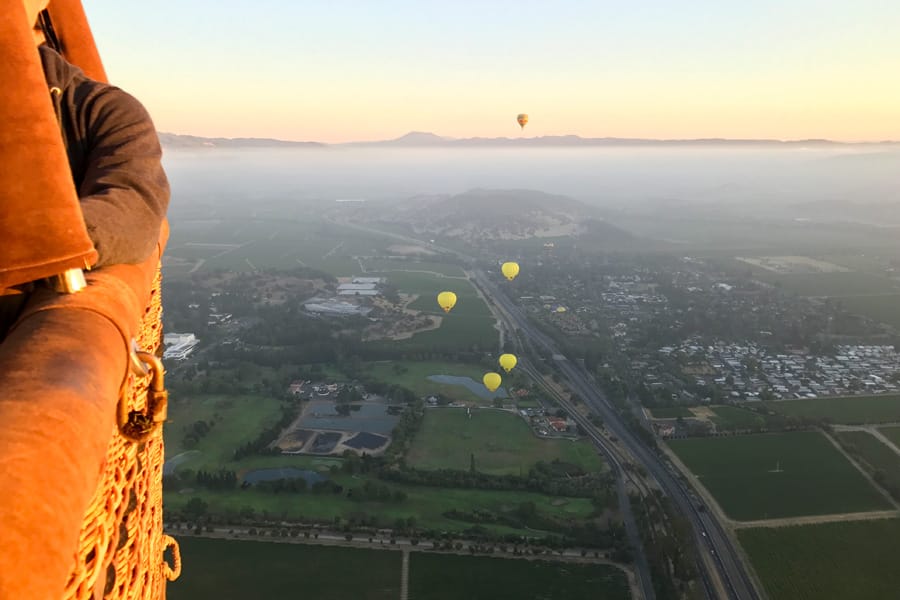 Hot air balloon ride over Napa Valley California View from the air in the basket