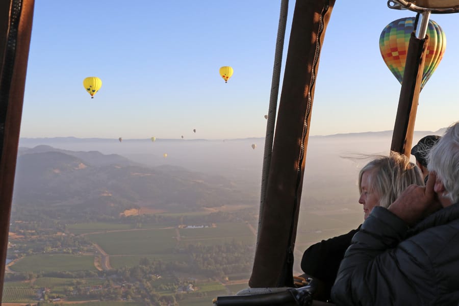 Hot air balloon ride over Napa Valley California view from inside the basket