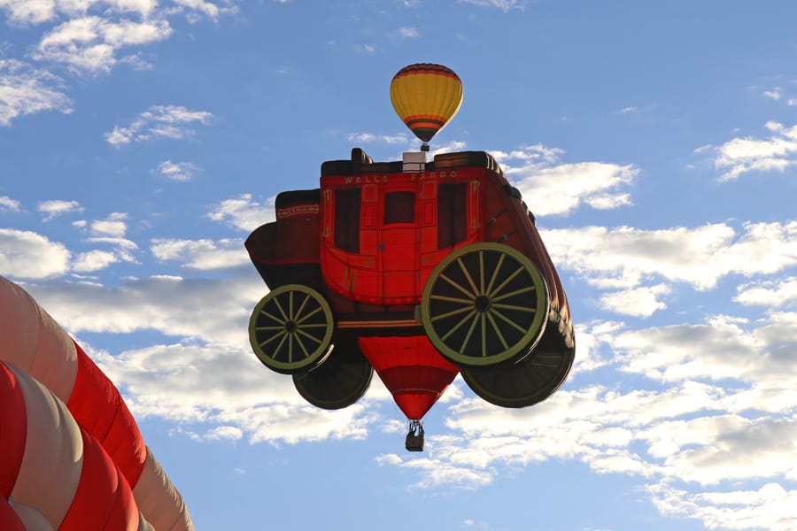 2017 Albuquerque International Balloon Fiesta in New Mexico Special Shapes Rodeo Well Fargo Stagecoach