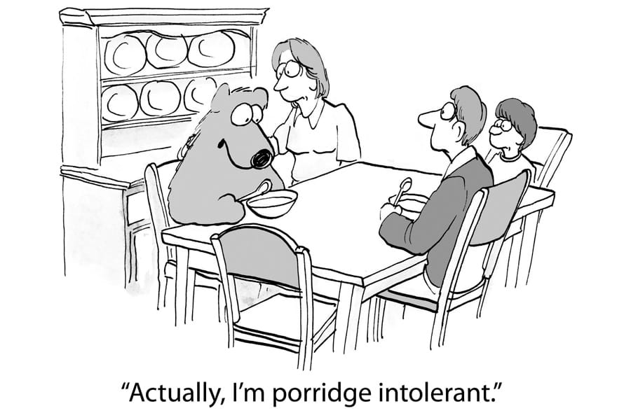 Dealing with food allergies / food sensitvities - gluten free, dairy free, soy free, corn free - humor, bear porridge intolerant