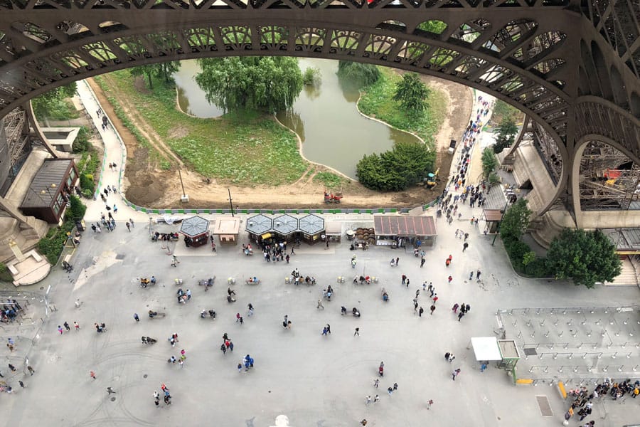 Paris Travel Guide: Top tips for how to visit the top of the Eiffel Tower in Paris France overhead view of esplanade ground floor