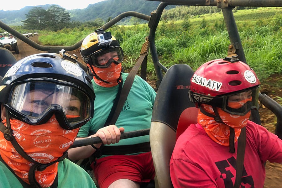 Kauai ATV Waterfall tour with family / teens in Ohana Bug in Kauai Hawaii Family Selfie