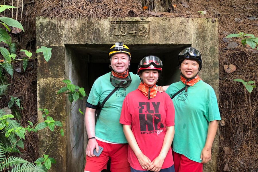Kauai ATV Waterfall tour with family / teens in Ohana Bug in Kauai Hawaii 1942 World War II Bunker