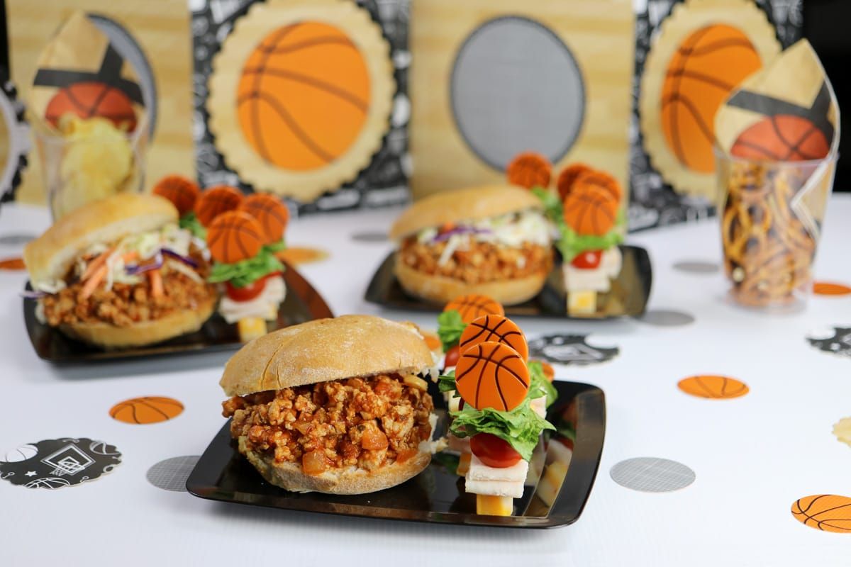March Madness College Basketball Party Snack Ideas & Game Day Decorations — Gluten Free Turkey Sloppy Joes and Lunchmeat Skew