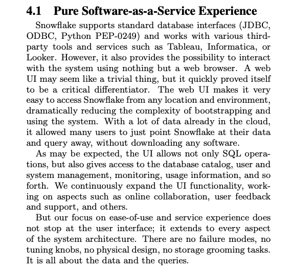 Snippet of the Snowflake paper for Snowflake's SaaS philosophy