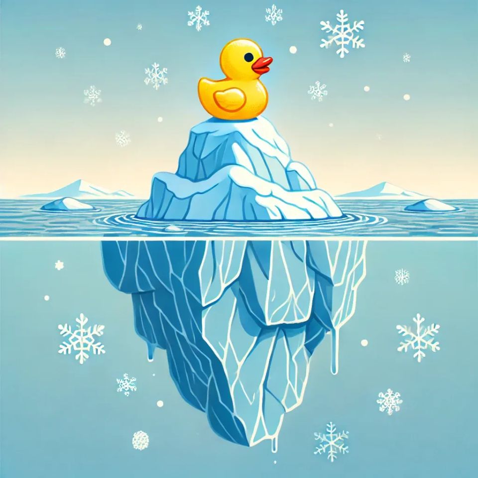 A rubber duck sitting on top of an iceberg.