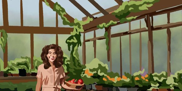 Color illustration of a younger adult in a greenhouse, holding a basket of peppers.