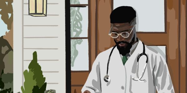Illustration of a young Black male nurse making a house call on the porch of a neighborhood home.